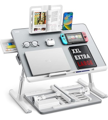 Laptop tray,  60*45cm Table lap for bed, Multi-purpose Premium Lapdesk, Height Angle adjustable, with Book Stand, Drawer, Tablet slot, for Eating, Working, Writing, Gaming, Drawing (Light Grey)