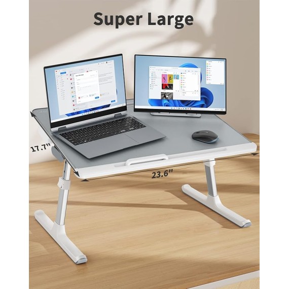 Laptop tray,  60*45cm Table lap for bed, Multi-purpose Premium Lapdesk, Height Angle adjustable, with Book Stand, Drawer, Tablet slot, for Eating, Working, Writing, Gaming, Drawing (Light Grey)