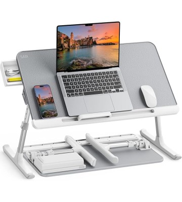 Laptop Bed Tray Table, Adjustable PVC Leather Laptop Bed Table, Portable Standing Desk with Storage Drawer, Foldable Lap Tablet Table for Sofa Couch Floor (Nature)