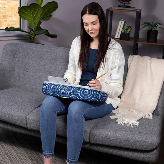 Lap Desk with Pillow Cushion | Tablet Slot | Fits Laptops Up to 15" | Tablets Up to 9.6" | Blue Tiedye Sunburst Pattern | Laptop and Writing Lap Desk | Work from Home