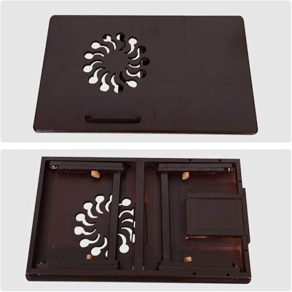Bamboo Bed Desk, Adjustable Laptop Small Desk, Lap Desk Bed Tray Floor Table, Tea Table with Tilting Top Panel, Drawer, Adjustable Leg, Sunflower Engraving Coffee Color, 21" × 13" × (8-11)"