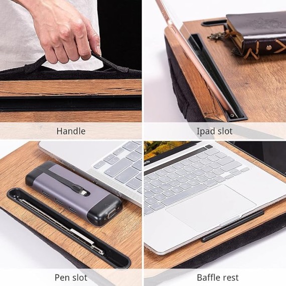 Laptop Lap Desk with Cushion, Portable Laptop Pillow Lap Desk with Pen Slot for Writing, Fits Up to 15.6 Inch Laptop, Wooden Computer Lap Desk for Bed Sofa Home Office Use