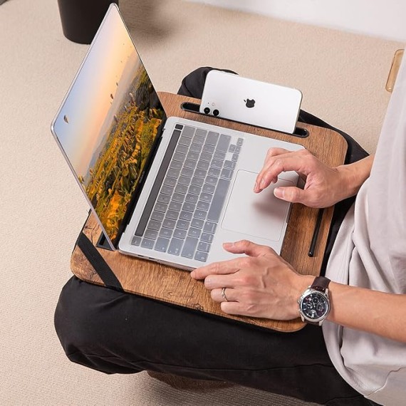 Laptop Lap Desk with Cushion, Portable Laptop Pillow Lap Desk with Pen Slot for Writing, Fits Up to 15.6 Inch Laptop, Wooden Computer Lap Desk for Bed Sofa Home Office Use