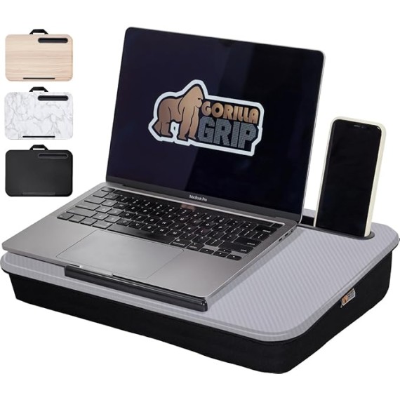 Laptop Lap Desk with Phone Holder, Pillow Cushion Desks Fit Laptops up to 15.6", Tray Ledge Keep Computers in Place, Portable Travel Workstation Essentials for Home, Dorm Room, Gray