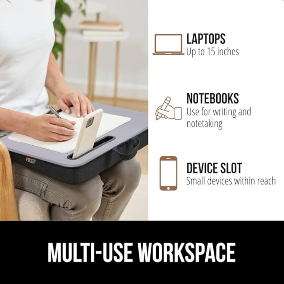 Laptop Lap Desk with Phone Holder, Pillow Cushion Desks Fit Laptops up to 15.6", Tray Ledge Keep Computers in Place, Portable Travel Workstation Essentials for Home, Dorm Room, Gray