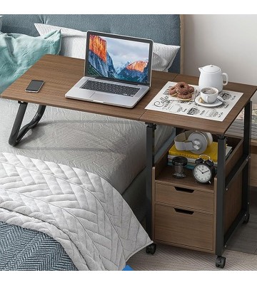 2 in 1 Rolling Overbed Table, Foldable Bedside Table Height Adjustable Sofa Table Cart Mobile Computer Desk with Drawer, Laptop Table for Bedroom,Living Room(100x40x70-88cm(39x16x27-34in), B)