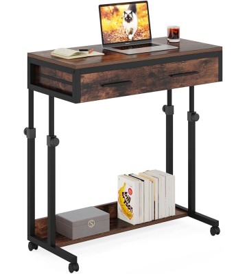 Laptop Wheels,Mobile Portable Drawers Couch Sofa Bed Side Table, Small Standing Desk for Home Office, Brown