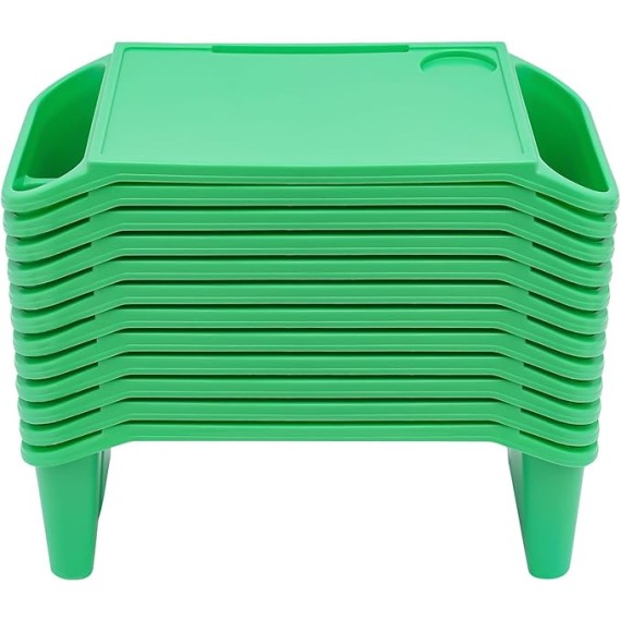 12Pcs Kids Lap Desk Tray, Plastic Breakfast Laptop Trays with Side Pockets, Portable Lap Bed Table for Writing Eating Game Classroom (Green-12Pcs)