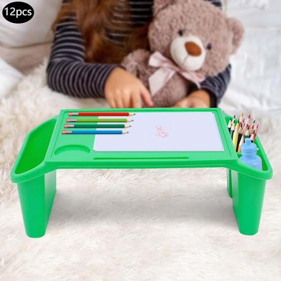 12Pcs Kids Lap Desk Tray, Plastic Breakfast Laptop Trays with Side Pockets, Portable Lap Bed Table for Writing Eating Game Classroom (Green-12Pcs)