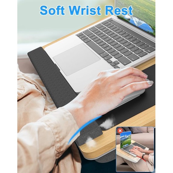 Laptop Lap Desk, Portable Large Laptop Desk for Bed, Up to 17 in Laptop Table with Wrist Rest, Mouse Pad, Tablet Phone Slot, Portable Handle, Laptop Lap Table with Cushion (Light Brown)