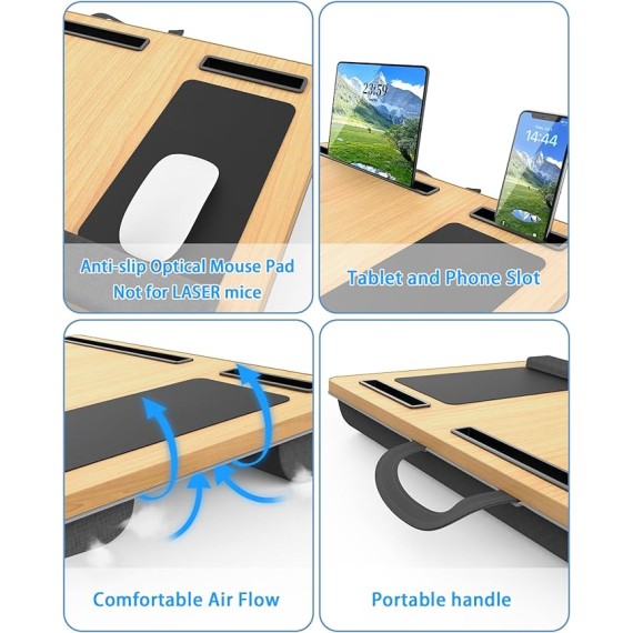 Laptop Lap Desk, Portable Large Laptop Desk for Bed, Up to 17 in Laptop Table with Wrist Rest, Mouse Pad, Tablet Phone Slot, Portable Handle, Laptop Lap Table with Cushion (Light Brown)