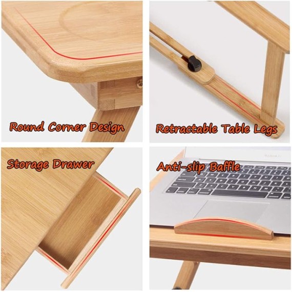 Foldable Laptop Bed Table Lap Desk Stand, 100% Natural Bamboo Laptop Desk, Adjustable Lapdesk Table with Storage Drawer, Suitable for Bed/Sofa/Floor - Small Dining Table, Computer Desk