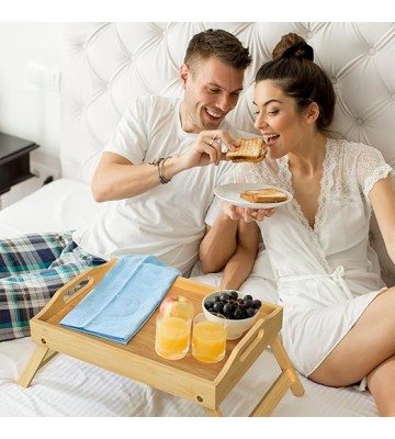 Breakfast Bed Tray for Eating - Foldable Food Laptop Table - Portable Bamboo Raised Serving Tray - Snack Platter with Folding Legs, Eating for Bedroom, Picnic, Sofa - Natural