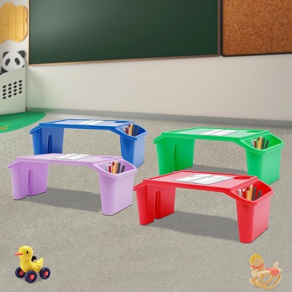 4 Pcs Kids Lap Desk Tray Bulk 19.7 x 9.8 x 7.1 Inch Portable Lap Tray for Kids Plastic Lap Table with Side Pockets, Portable Lap Bed Table for Classroom Home