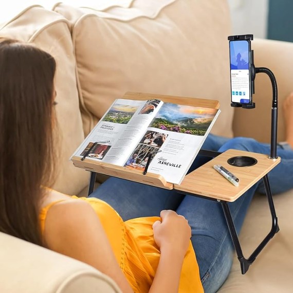 Laptop Desk in Bed,  Adjustable Bamboo Lap Desk Table with Gooseneck Tablet Holder Mount for Laptop,Tablet,Phone,Book Reading