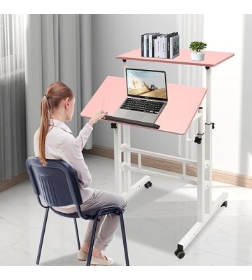 Computer Workstations,Small Standing Desk Adjustable Height,Mobile Stand up Desk,Home Office Workstation,Portable Rolling Desk Laptop Cart,for Standing or Sitting,Pink,for Offices,Student Dormitories