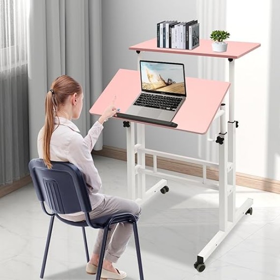 Computer Workstations,Small Standing Desk Adjustable Height,Mobile Stand up Desk,Home Office Workstation,Portable Rolling Desk Laptop Cart,for Standing or Sitting,Pink,for Offices,Student Dormitories