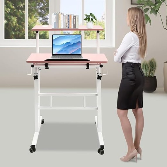 Computer Workstations,Small Standing Desk Adjustable Height,Mobile Stand up Desk,Home Office Workstation,Portable Rolling Desk Laptop Cart,for Standing or Sitting,Pink,for Offices,Student Dormitories