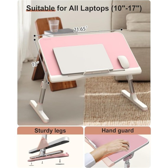 Adjustable Laptop Desk for Bed,  Leather Bed Table Tray with Removable Stopper, Portable & Lightweight Bed Desk for Working Writing Drawing Eating, Pink (21.65"*13")