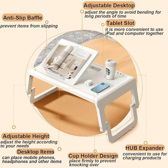 Bed Table, Lightweight Foldable Bed Desk Adjustable Height Tilt Surface Laptop Desk Floor Desk Lap Desk Laptop Table Folding Legs Breakfast Serving Tray Desk Laptop Ideal for Bed Couch, White