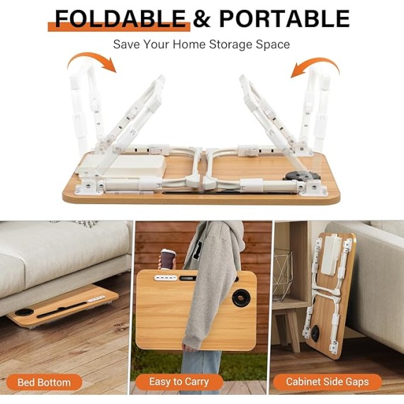 Laptop Bed Desk Height Adjustable, Bed Laptop Table with USB/Storage Drawer/Cup Holder/Tablet Stand/Book Shelf, Foldable Breakfast Tray Portable for Reading Writing, Bed, Sofa & Floor, Wood