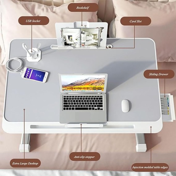 Over-Bed Tables, Adjustable Height Laptop Desk for Bed Foldable Bed Tray Table with Storage Drawers Bookshelf and USB Port(D)