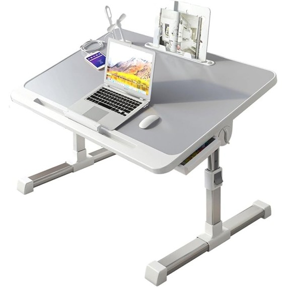 Adjustable Height Laptop Desk for Bed, Foldable Bed Tray Table, Portable Lap Desk for Working and Writing with Storage Drawers Bookshelf and USB Port Use for Meals Home Use Or Medical(Grey)