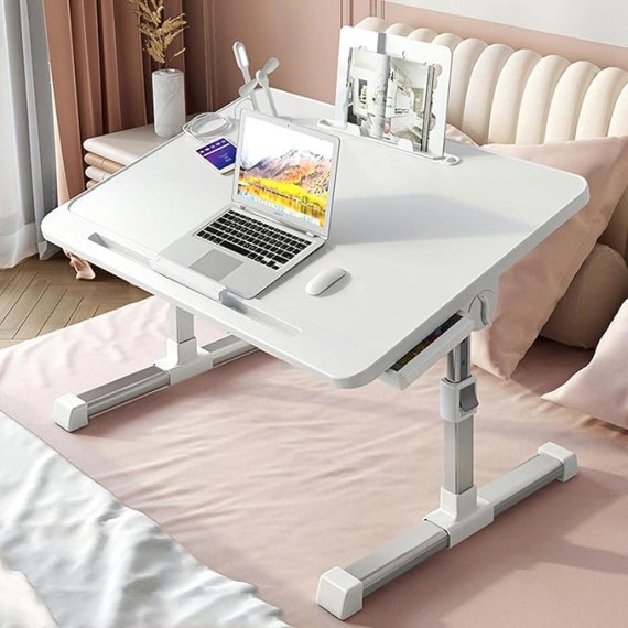 Adjustable Height Laptop Desk for Bed, Foldable Bed Tray Table, Portable Lap Desk for Working and Writing with Storage Drawers Bookshelf and USB Port Use for Meals Home Use Or Medical(Grey)