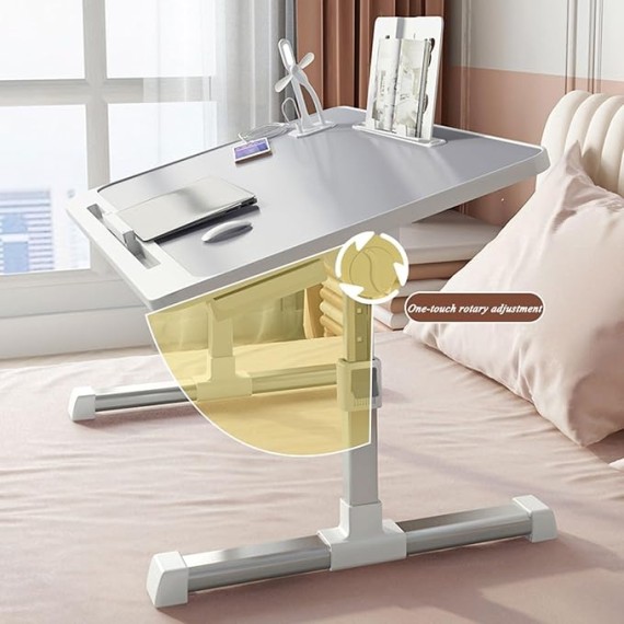Adjustable Height Laptop Desk for Bed, Foldable Bed Tray Table, Portable Lap Desk for Working and Writing with Storage Drawers Bookshelf and USB Port Use for Meals Home Use Or Medical(Grey)