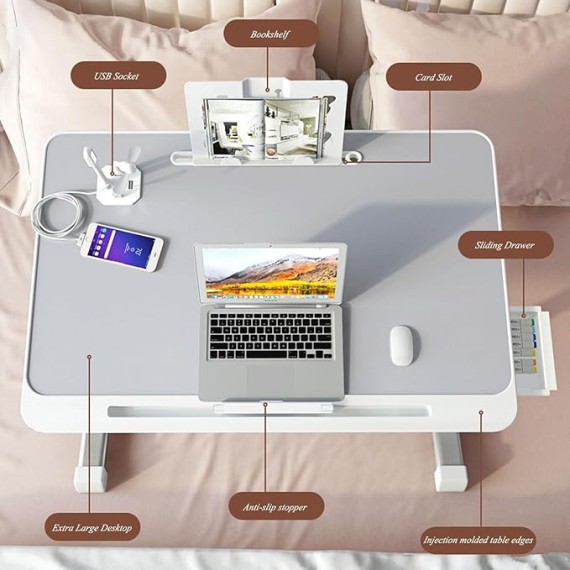 Adjustable Height Laptop Desk for Bed, Foldable Bed Tray Table, Portable Lap Desk for Working and Writing with Storage Drawers Bookshelf and USB Port Use for Meals Home Use Or Medical(Grey)