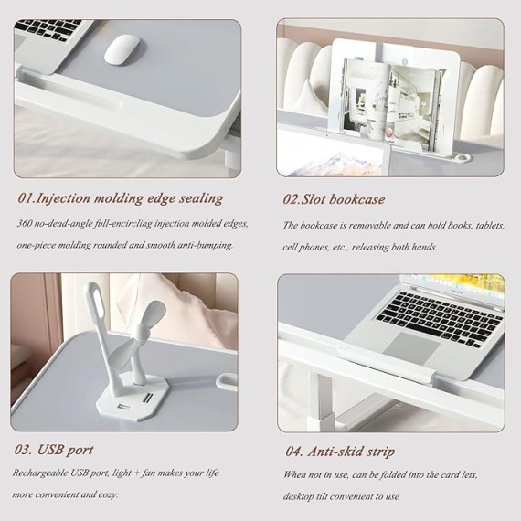 Adjustable Height Laptop Desk for Bed, Foldable Bed Tray Table, Portable Lap Desk for Working and Writing with Storage Drawers Bookshelf and USB Port Use for Meals Home Use Or Medical(Grey)