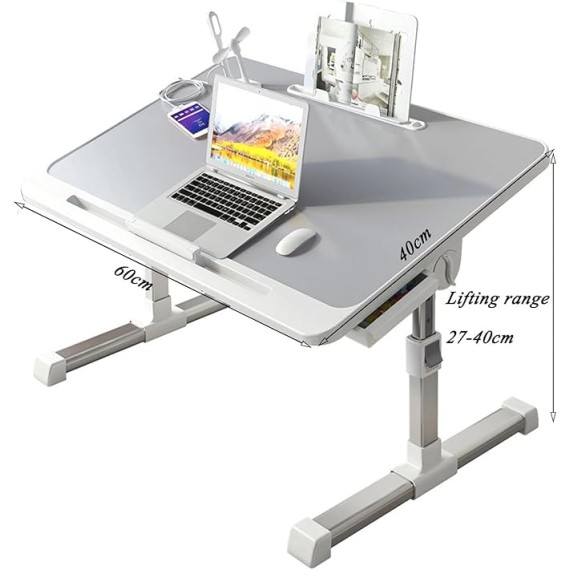Adjustable Height Laptop Desk for Bed, Foldable Bed Tray Table, Portable Lap Desk for Working and Writing with Storage Drawers Bookshelf and USB Port Use for Meals Home Use Or Medical(Grey)