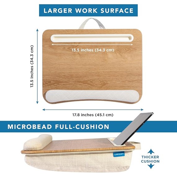 LAPGEAR Portable Laptop Lap Desk with Pillow Cushion, Anti-Slip Strip, Tablet or Phone Storage Slot, Pen and Pencil Pocket, and Wrist Rest - White Oak Woodgrain - Fits 15.6" Laptops - Style No. 91349